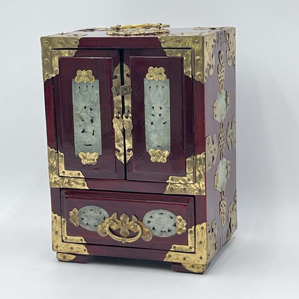 Chinese Rosewood Jewelry Chest Trunk Box with Brass & Jade Inlay 9.5” Tall